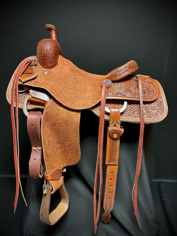 White Rock Ranch Cutter saddle with Basketweave/Floral tooling and roughout fenders