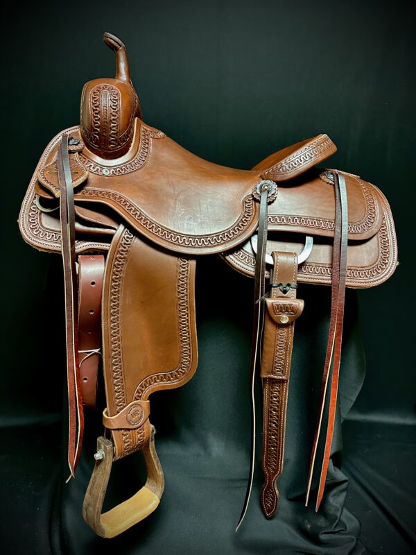 White Rock Cutting Saddle with Snake Border tooling on dark oiled leather