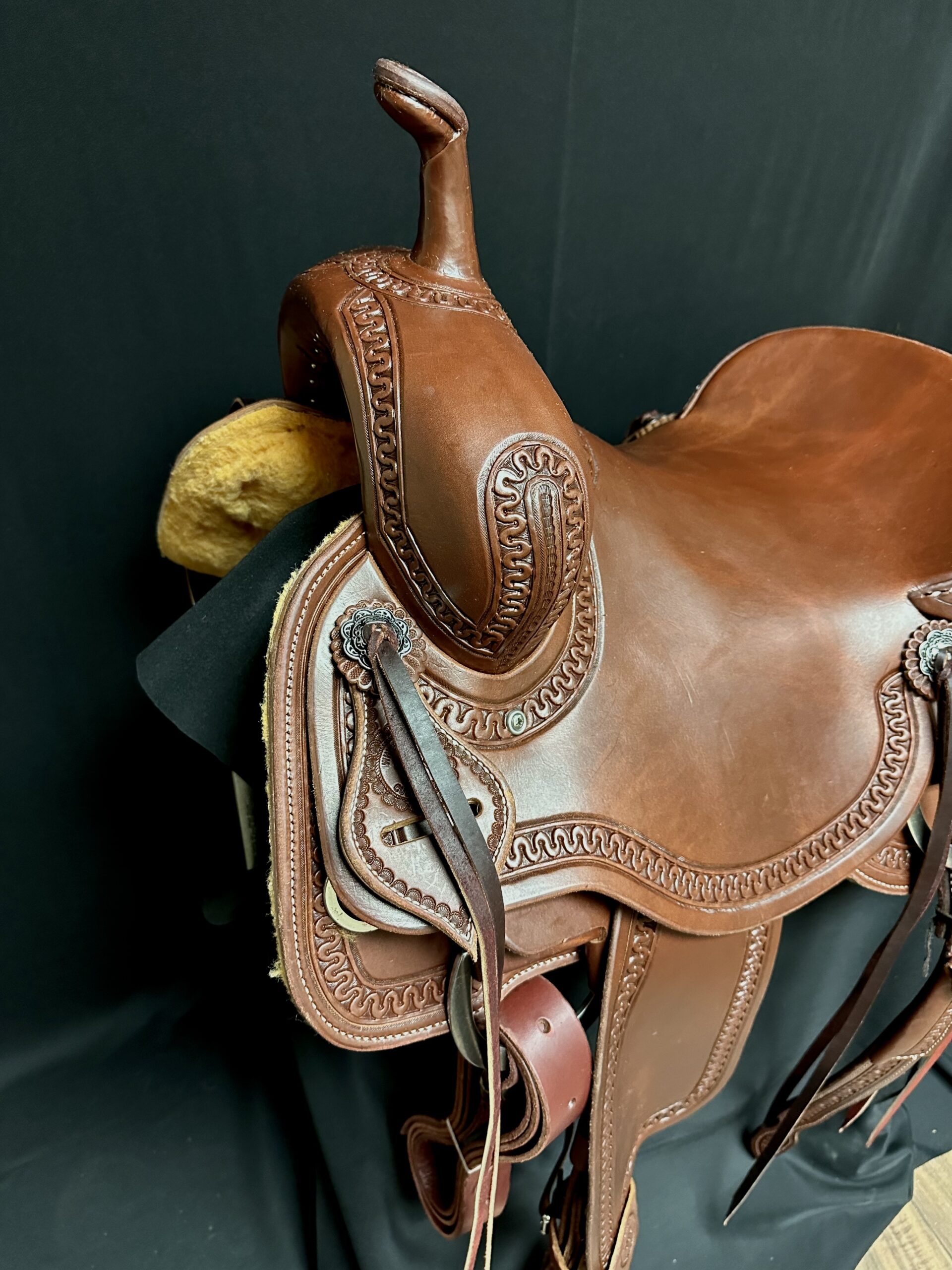 White Rock Cutting Saddle with Snake Border tooling on dark oiled leather