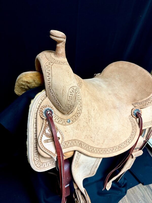 White Rock Ranch Cutter with Snake Border tooling on light oiled leather