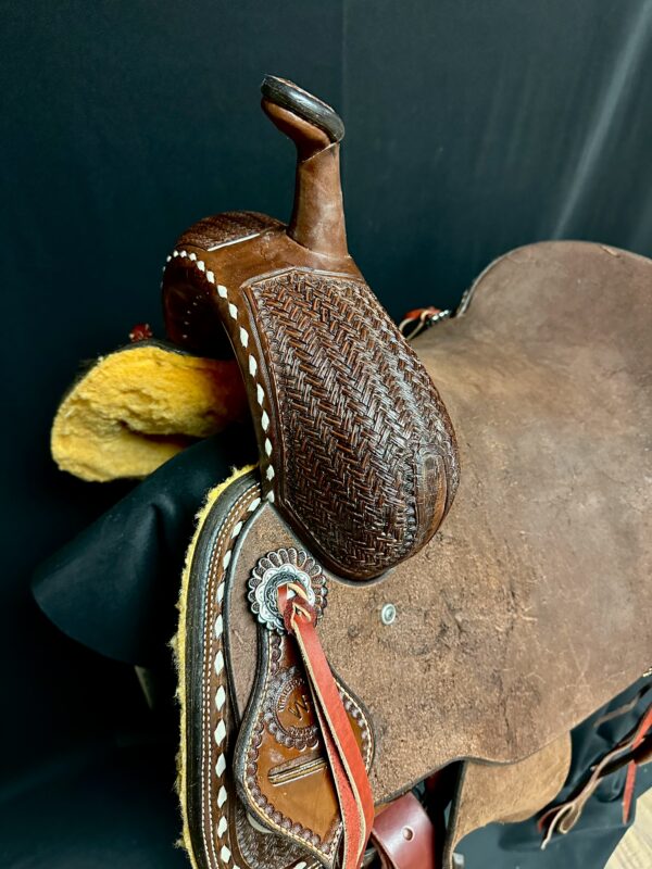 White Rock Cutting Saddle with Basketweave tooling and White Buckstitch